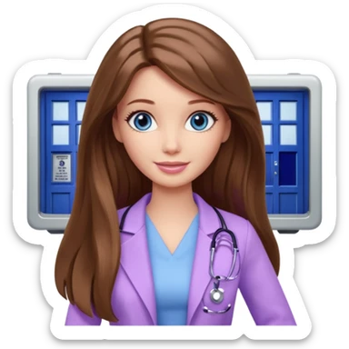 beautiful barbie girl with long brown hair, blue eyes and wearing light purple clothes watching dr who on tv sticker