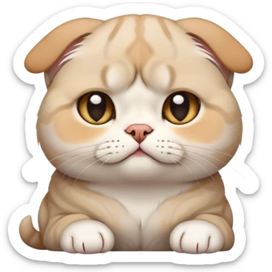 A sad-looking Scottish Fold cat with droopy ears, sighing dramatically, one paw raised, cartoon style, transparent background. sticker