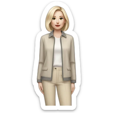 Full height pale skin woman with ash blonde Straightened bob Hair, White Spacious jacket, beige Arrow pants and gray blouse holding a color palette in the hands sticker
