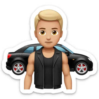 action hero emoji wearing a white tank top and black jacket with a black car behind sticker