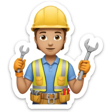 Construction worker in yellow helmet, tool belt sticker