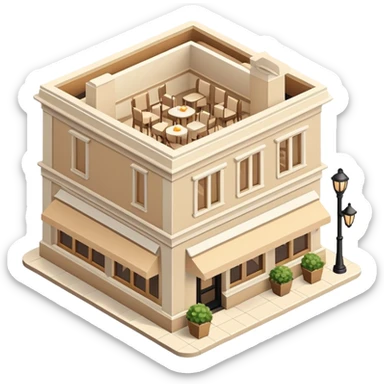 Upscale restaurant exterior, beige, isometric dollhouse-style, realistic sticker