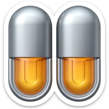 capsule pill emoji, metallic silver halves, smooth glossy finish, futuristic pharmaceutical 3D icon, isolated on white sticker