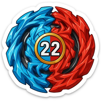 beyblade half sky blue and half red with the number 22, clean and bright digital art style sticker