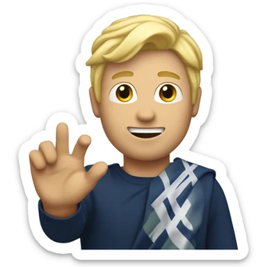 Male with blonde hair waving hand to say hello with a Scotland sticker