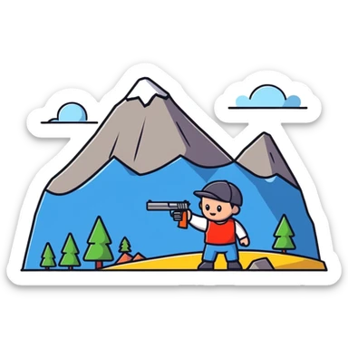 Cute tiny character with a toy gun shooting at a mountain with little figures sticker