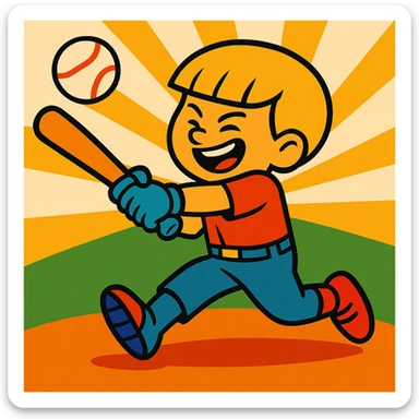 Change the boy's hair to blonde, keep the bowl cut, vibrant cartoon style, hitting a home run in baseball, dynamic action, expressive, clear baseball bat and ball, energetic pose. sticker