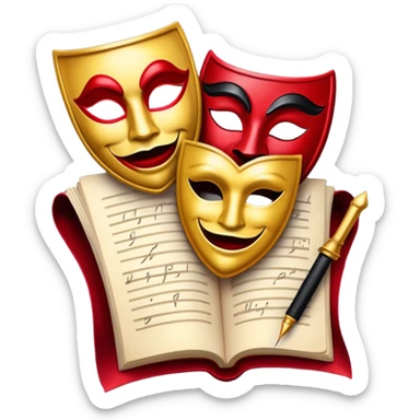 Create a bold and dramatic emoji representing the art of playwriting. The design should feature an open script or a theater playbook, with stylized text lines or dramatic dialogue inside. Include elements like a theatrical comedy and tragedy masks, a stage spotlight, or a writting quill to symbolize creativity and performance. Use deep, contrasting colors like red, black, and gold to evoke the intensity and passion of drama. The overall design should feel dramatic, inspiring, and artistic. Make the background transparent. sticker