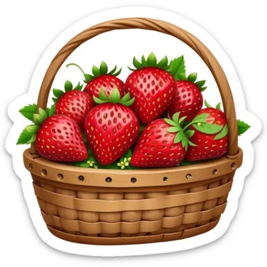 Cinematic ripe strawberrie, deep red, glossy with tiny seeds, green leaves still attached, gathered in a rustic basket, warm glowing background, fresh and sweet. sticker