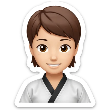 karate girl with black belt, brown short hair, smiling sticker