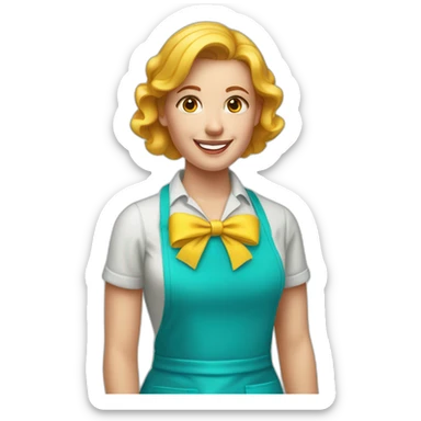 blonde woman with a red hair bow tie wearing a cyan colored apron and a yellow t-shirt sticker