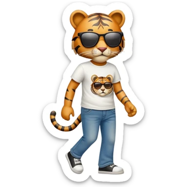 anthropomorphised tiger in a band t-shirt and jeans wearing sunglasses walking upright sticker