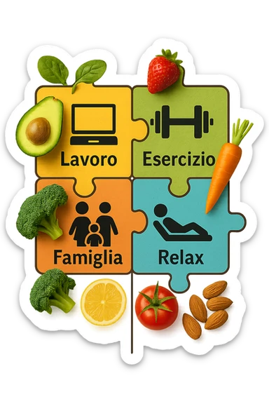 Puzzle (Lavoro, Esercizio, Famiglia, Relax), in lavoro metti icona di un PC, in Esercizio un Manubrio, in Famiglia una famiglia, in Relax qualcuno che riposa and healthy foods are integrated into each piece. in italiano sticker