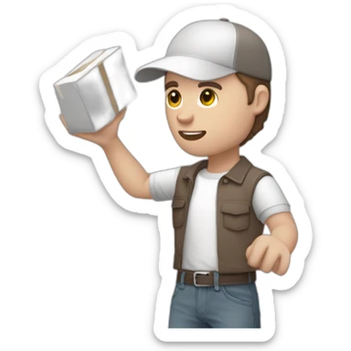 Pale skinned fit Man with dark brown hair in a light gray cap, dark brown jeans, brown polo and white T-shirt keeping a pasted with tape white box into his hands sticker
