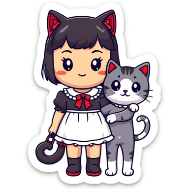 girl with black Lolita dress and black hair with red tips next to an American Shorthair tabby cat sticker