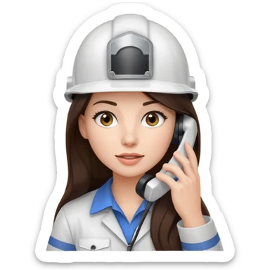 okay now do a brunette girl with long dark brown hair. rolling her eyes like she is annoyed as she is on a phone call (iphone) and is wearing a engineer helmet  sticker