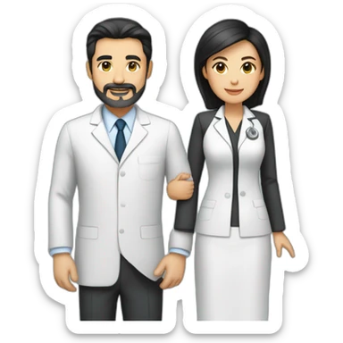 husband middle aged executive classic dark hair thin beard wearing dark business suit, with wife filipina age 55 dark hair wearing nurse uniform sticker