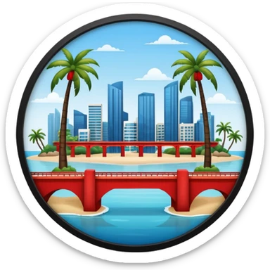 a circle island with modern buildings, a beach with palm trees. also, a red bridge behind.  sticker