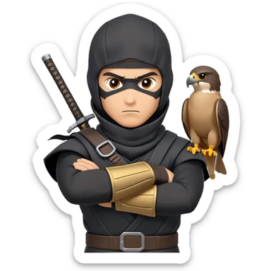 clash-of-clans-aesthetic_-cinematic-mysterious-male-ninja-portrait-emoji, rendered in a flat, vector-style with minimal shading and bold, simplified shapes, with a head slightly turned revealing intense, focused eyes. the ninja has his arm out and perched on top of his forarm is  a peregrin falcon  sticker