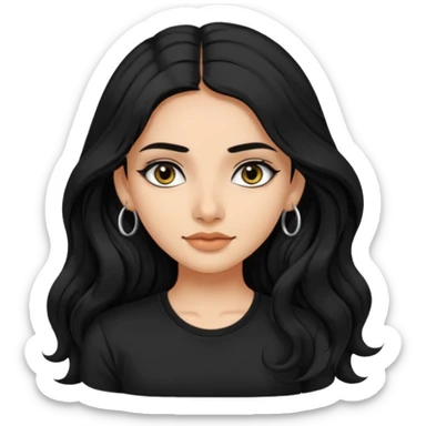a pretty FAIR indian bratz girl with wavy long black hair, wearing a black tshirt, eyeliner on. no earrings sticker