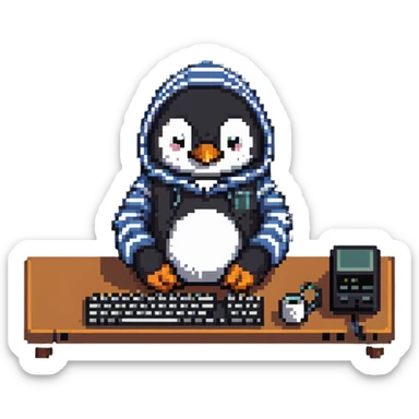A retro-style penguin with a striped hoodie typing on an old-school computer keyboard sticker