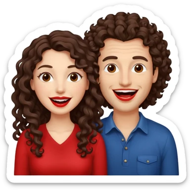 two people. one woman with long curly dark brown hair. one man with brown hair that goes up. they are laughing sticker