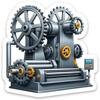 An icon featuring a giant machine tool in a factory, manufacturing machines. The design includes gears, mechanical parts, and a production line, representing the art of mechanical engineering and industrial design. Transparent background highlights precision engineering and manufacturing processes. sticker