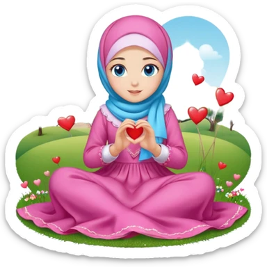 Turkish beautiful finish Konya girl blue eyes with candy hijab long tail dress and sits on the grass on the ground and sends hearts with her hand  sticker