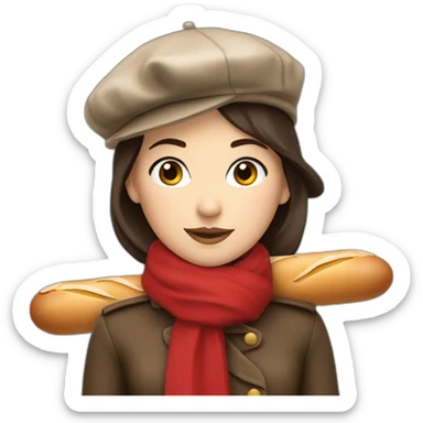 a french brunette girl with a beret, a red scarf and a baguette. sticker