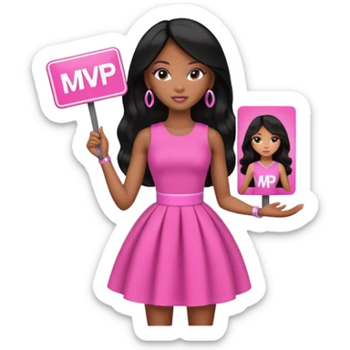 Black barbie, long black  hair, pink dress holding mvp sign  sticker