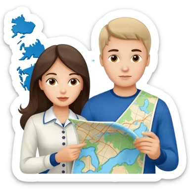 Russian young man and elegant fair-skinned Latina girl in cute costal outfits with a map planning  sticker