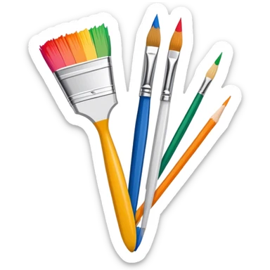icon for Illustration hobbie, paintbrush and pencil under colurfull poster, simple lines, minimalistic style, transparent background. sticker
