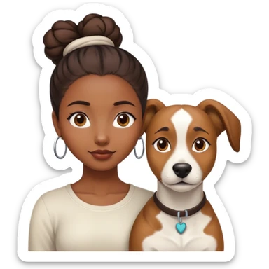 smart, 30 year old, brown African girl, back bun hairstyle, with one big white brown dog sticker