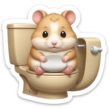 Cute chubby cartoon-style hamster sitting on toilet looking as if he had an accident, sticker-style illustration sticker