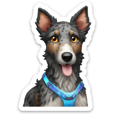  Black spotted brindle fluffy lurcher fox blue eyes fluffy ears and holographic harness running sticker