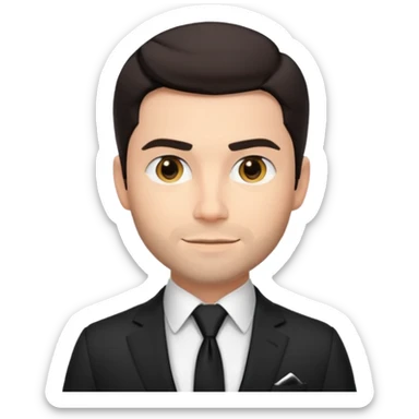 handsome male memoji, dark hair, stubble, wearing a tailored black suit and tie, luxury watch, confident smirk, charismatic aura sticker