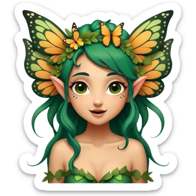 Cinematic Realistic Forest Nymph Fairy Portrait, head tilted dramatically with an exaggeratedly amused expression, featuring a striking, nature-infused form with glowing, sun-kissed tanned skin and vividly detailed dark green hair adorned with floral accents. Her expressive eyes brim with playful forest mischief, rendered with vibrant, lifelike textures and dynamic dappled lighting that conveys a spirited, over‐the‐top woodland whimsy showing her large butterfly wings from her back. sticker