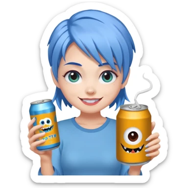 Chibi sticker of a woman with powder blue hair, lower back length, with white eyes hold a can of Monster with a smug smile; cozy cartoon style sticker