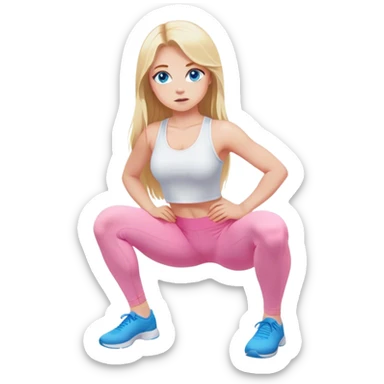 Cinematic realistic blonde with long hair and blue eyes, dressed in a white top and pink leggings, squats sticker