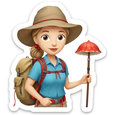 Middle aged women, long brown ponytail with wide brim hiking hat. With backpack and trekking poles. Backpack has a scallop shell with the cross of saint james hanging from it.  Remove the cross and add a scallop shell on a red string hanging from the backpack  sticker