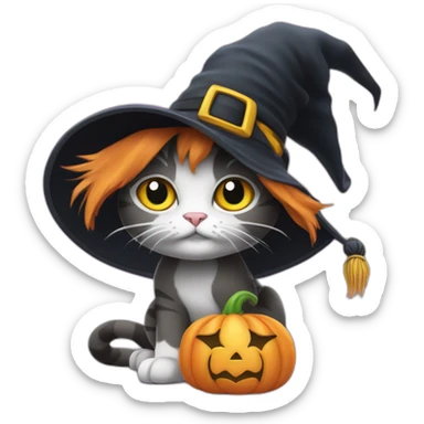 cat wearing a witches hat with abby from sesame street's wand sticker