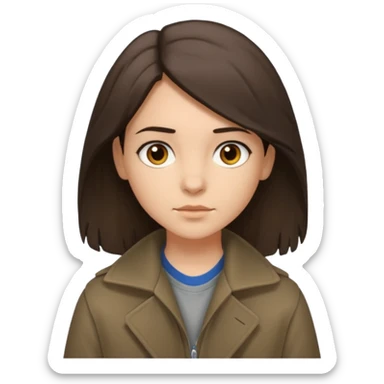 Hobo tomboy with shoulder-length dark brown hair that is parted in the middle. brown eyes, dark dull brown coat, grey shirt. sticker