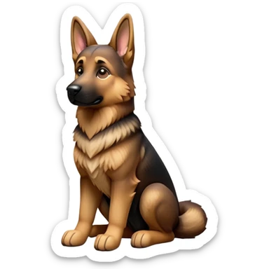 cinematic-[german shepherd]-realistic-full-body-sitting-emoji,-tail-resting-loosely-beside-its-paws,-head-tilted-dramatically,-sleek-[brown and black]-fur,-simplified-yet-realistic-focused-features,-highly-detailed,-glowing-with-an-almost-sarcastic-glow sticker