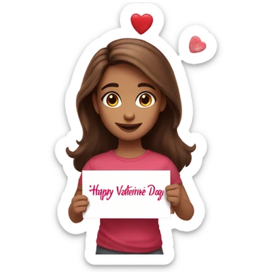 Girl with brown hair and eyes holding a sign that says Happy valentine day sign  sticker