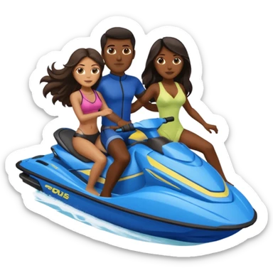 Dark male dark hair & light tan female long dark hair on a blue jet ski no sunglasses sticker