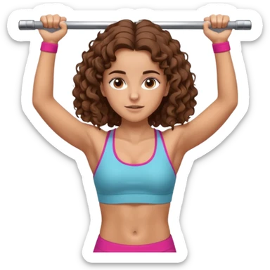 full body, very beautiful italian girl, looking like Emma Watson, with curly and big volume very bright brown hair, workout clothes doing a pullup

 sticker