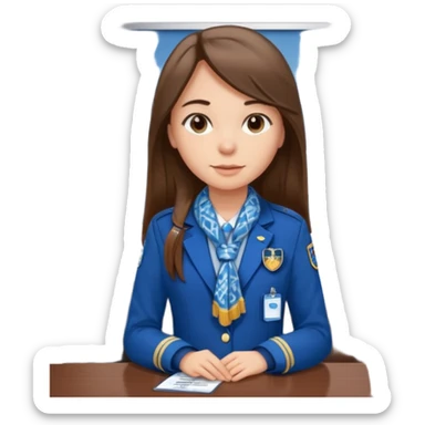 Young girl, long straight hair, wearing uniform jacket with hotel name badge, tasteful scarf, stand behind the desk

 sticker