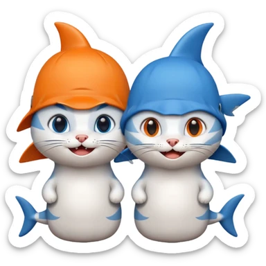 2 happy cats wearing shark hats sticker