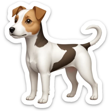 a full body white parson russell looking dog the size of a kelpie with light brown ears and a light brown patch on one eye and a large snout sticker