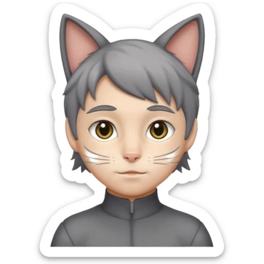Boy in gray cat suit with tail and ears sticker